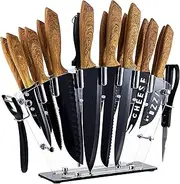 TARODEA All in one Kitchen Knife Set with Block, 19 PCS High Carbon Stainless Steel Sharp Serrated Steak Knives Set, Chef Knives, Bread Knife, Scissor, Sharpener, Peeler (Brown)