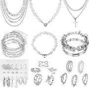 [VKME] 43 PCS Silver Jewelry Set for Women,Ball Dangle Hoop Earrings,Multi Layered Bracelets,Stackable Knuckle Rings,Adjustable Dainty Necklaces,Anniversary Valentine Fashion Trendy Party Gift Pack,
