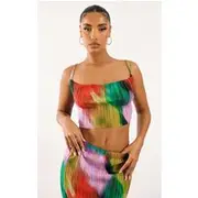 Multi Print Plisse Strappy Cowl Neck Top, Multi