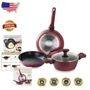 Burgundy Induction Cookware Set - 4-Piece Nonstick Pots and Pans with Glass Lid