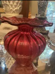 Fenton Cranberry Glass Caprice Vase - Ruffled Bow & Draped Fabric Design