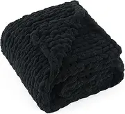 LONG CREATE Chunky Knit Throw Blanket 50"X 60", 100% Handmade with Soft Chenille Yarn, 4.4lbs Thick Cable Knitted Blankets, Large Rope Knot Crochet Throws for Couch Sofa Bed Home Decor, Black
