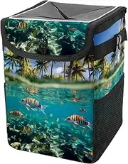 Car Trash Can with Lid and Storage Pockets Leak-Proof Organizer,Multipurpose Trash Bin for Car,Tropicalis Tree Sea Bean
