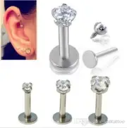 16G PRONG SET 3MM GEM CZ INTERNALLY THREADED STEEL LABRET STUD DAITH TRAGUS RING