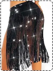 [COSYDAYS] Sparkly Sequin Skirt Silver Fringe Skirts Tassel Belly Dance Skirt for Women