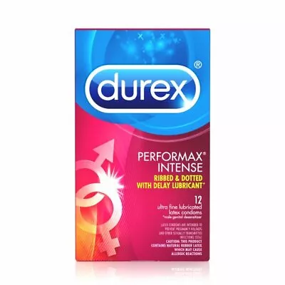 Durex Performax Intense Ultra-Fine Ribbed Dotted Condoms Delay Lubricant 12 CT.+