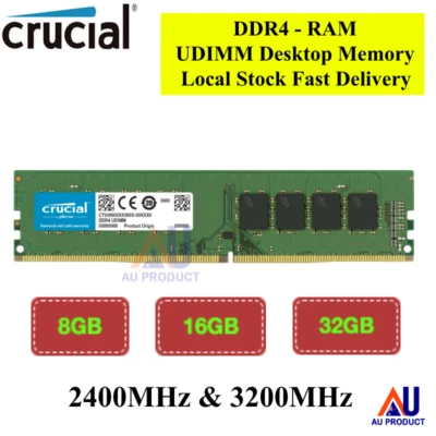 DDR4 Crucial Desktop PC Memory 8GB 16GB 32GB UDIMM RAM 2400MHz 3200MHz CL22 1.2V