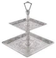 Turkish Luxury Two Tier Serving Tray with Handle Dessert Stand - Silver