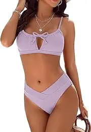 [Generic] Womens High Waisted Bikini Sets High Cut Sexy Swimsuit Ribbed Cutout Cheeky Two Piece Bathing Suits
