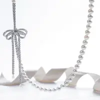 在飛比找樂天市場購物網優惠-迪麗熱巴款長珍珠項鏈毛衣鏈蝴蝶結裝飾扣配件925半銀diy飾