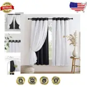 Chic 2 Panels Room Darkening Curtains in Black + Sheer Voile Tiebacks, 52"x72"