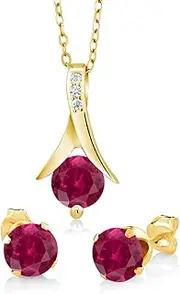 [Gem Stone King] 18K Yellow Gold Plated Silver Created Ruby Pendant and Earrings Jewelry Set For Women, 2.40 Ct Round Cut With 18 Inch Silver Chain, Metal Gemstone, Created Ruby