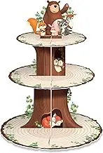 meekoo 3 Tier Woodland Baby Shower Cupcake Stand Party Decorations Jungle Animal Theme Cupcake Holder Decorations Woodland Creatures Dessert Tower for Boy Girl Forest Animal Birthday Party Supplies