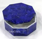 Octagon White Marble Trinket Box Shiny Gemstone Overlay Work Ribben Box