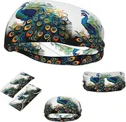 FJWSLCH Peacock pattern Headbands for Women Men Non Slip Workout Sweatbands Adjustable Sports Hair Bands Elastic Head Bands Moisture Wicking Hairband for Running, Cycling, Yoga, Spa