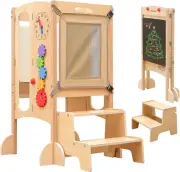 Toddler Tower Foldable Toddler Kitchen Stool Helper with 2 Step Stool, Safety Ne