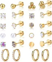 [Telooco] 12 Pairs Anti-sensitive Surgical Steel Earrings for Sensitive Ears Flat Back Stud Earrings FlatBack Stud Small Huggie Hoop Cartilage Earring Sets for Multiple Piercing Screw Back Stud Earrings, No