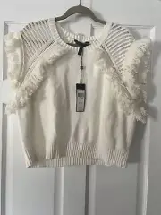 NWT! (I) BCBG Maxazria Top Women L Cream Cotton Blend Fringe Cap Sleeve Sweater
