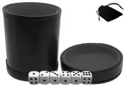 (6) 16mm White Dice w/Pouch + Black PU Leather Grey Felt Lined Dice Cup Lid Tray