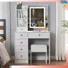 Dressing Table Stool Set Makeup Mirror Desk LED Light White 6 Drawers Organizer