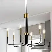 Modern Chandelier Made of Brass Black and Gold, Diameter 71 cm, 6-Bulb Vintage Chandelier, Height-Adjustable Pendant Light, Dining Room, Kitchen Island, Living Room, Foyer E14 (Bulbs Not Included)