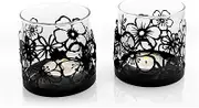 Lily’s Home Cutout Shadow Box Votive Tea Light Hurricane Glass Candle Holders, Centerpiece Lighting for Weddings, Entertaining, Flowers Garden Design, Black, Set of Two