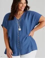 Autograph Top Plus Size 24 Button Tunic Shirt Blouse Blue Short Sleeve RP$80 NEW