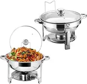 9SHOME 2Pack Chafing Dish Buffet Set, 4.5L Stainless Steel Round Chafer with Glass Lid & Lid Holder, 5QT Buffet Servers Food Warmers Set with Food and Water Trays for Dinner, Parties, Wedding, Camping