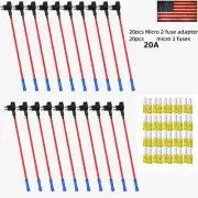 20Pack Micro2 Fuse Tap Add-A-Circuit Piggy Back Holder 12V Car Adapter 20A Fuses