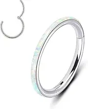 [Blue Palm Jewelry] 1-16 Gauge 5/16 Inch White Opal Orbital Outer Edge Septum Nose Ear Lip Ring Stainless Steel Hinged Helix Tragus Piercing Jewelry C299, Synthetic Resin, none 155