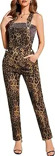 [Odefou] Animal Print Overalls for Women Fashion Bibs Coveralls Jean Pants Straight Leg Jumpsuit
