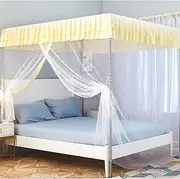 Elegant Bed Canopy Curtains, Solid Color Ruffle Princess 4 Corner Post Mosquito Net, Bed Canopy for Girls Adult Kids Toddlers Crib, Bedding Décor,Yellow,2.0×2.2m