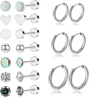 [QMLING] 10 Pairs of Earrings Stud Earrings Surgical Steel Cubic Zirconia Flatback Stud Earrings Hypoallergenic Earrings for Men and Women Silver Cartilage Earrings for Multiple Ear Holes, Universal,