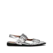 [Ganni] Ganni Double-buckled Metallic-effect Ballerina Shoes 38 IT SILVER
