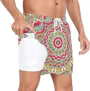 [GuoChe] Mens Short Swim Trunks Mens 2 in 1 Workout Shorts Vintage Decorative Elements Red with Pockets Inseam Board Shorts