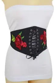 Women Black Denim High Waisted Corset Elastic Push Up Belt Red Rose Flower S M