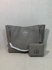 NWT Tory Burch Gray Heron Britten SMALL Slouchy Tote + Mini Wallet $700