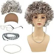 XMANX 8 Pcs/Set Old Lady Dress Up Set，Cosplay Grandmother Accessories Granny Costume Wig Adult Kid Halloween Masquerade Party Witch Decoration 100 Days of School Event（Brown）