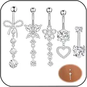 [LOCCY] 5PCS Silver Belly Button Rings, Stainless Steel 14G Belly Button Bars Navel Bars CZ Heart Butterfly Bow Belly Button Piercing Navel Piercing Jewelry Set for Women, One Size, Stainless Steel