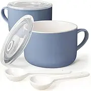 Wareland Soup Bowls with Handles & Spoons, 30oz Ceramic Ramen Bowl with Lid, Large Soup Mugs/Cups for Instant Noodle, Big Cereal Bowls for Oatmeal, Soup Containers with Lids, Set of 2, Sky Blue