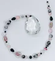 Beaded Suncatcher - Pink Black Hearts Roses - Crystal Prism - Indoor Outdoor