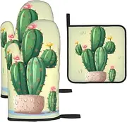 3 pcs Oven Mitts and Pot Holders Set 500°F Heat Resistant Oven Gloves and Hot Pads Kitchen Mittens Cute Cactus Cooking Gloves Potholders for Baking Grilling