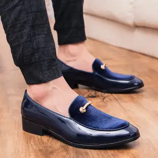 男士正裝麂皮便鞋時尚商務尖頭鞋藍色