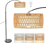 Rattan Floor Lamp for Living Room, Arc Standing Lamps with Foot Switch & Adjustable Hanging, 360° Adjustable Head,Boho Tall Lamp with 3 Color Temperatures, Reading Lamp for Office Bedroom Corner