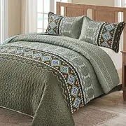 WONGS BEDDING Boho Quilt Set California King,3 Piece Olive Green Oversize Bedspread Coverlet Set with Geometry Printed for All Season, Lightweight Oversized Bohemian Bedding Set 96''×106''