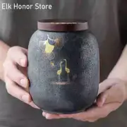 China Ceramic Tea Jar Handmade Gingko Elk Pattern Sealed Tea Caddy Storage Box