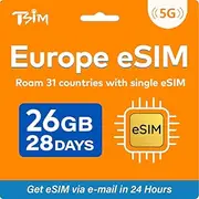 Europe eSIM 28 Days 26GB 5G Data & Unlimited Local Calls in 31 Countries – Spain Number- Get eSIM via Email in 24 Hrs