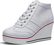 [MEJORMEN] Womens Platform Wedge Canvas Shoes High Top Lace Up+Side Zipper Fashion Sneakers Casual High Heel Walking Shoes
