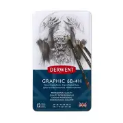 Derwent Graphic Medium Graphite Sketching Pencils Tin Case 12 Degrees 6B-4H