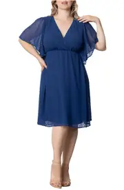 Kiyonna Florence Flutter Sleeve Dress in Denim Blue Dot at Nordstrom, Size 3X